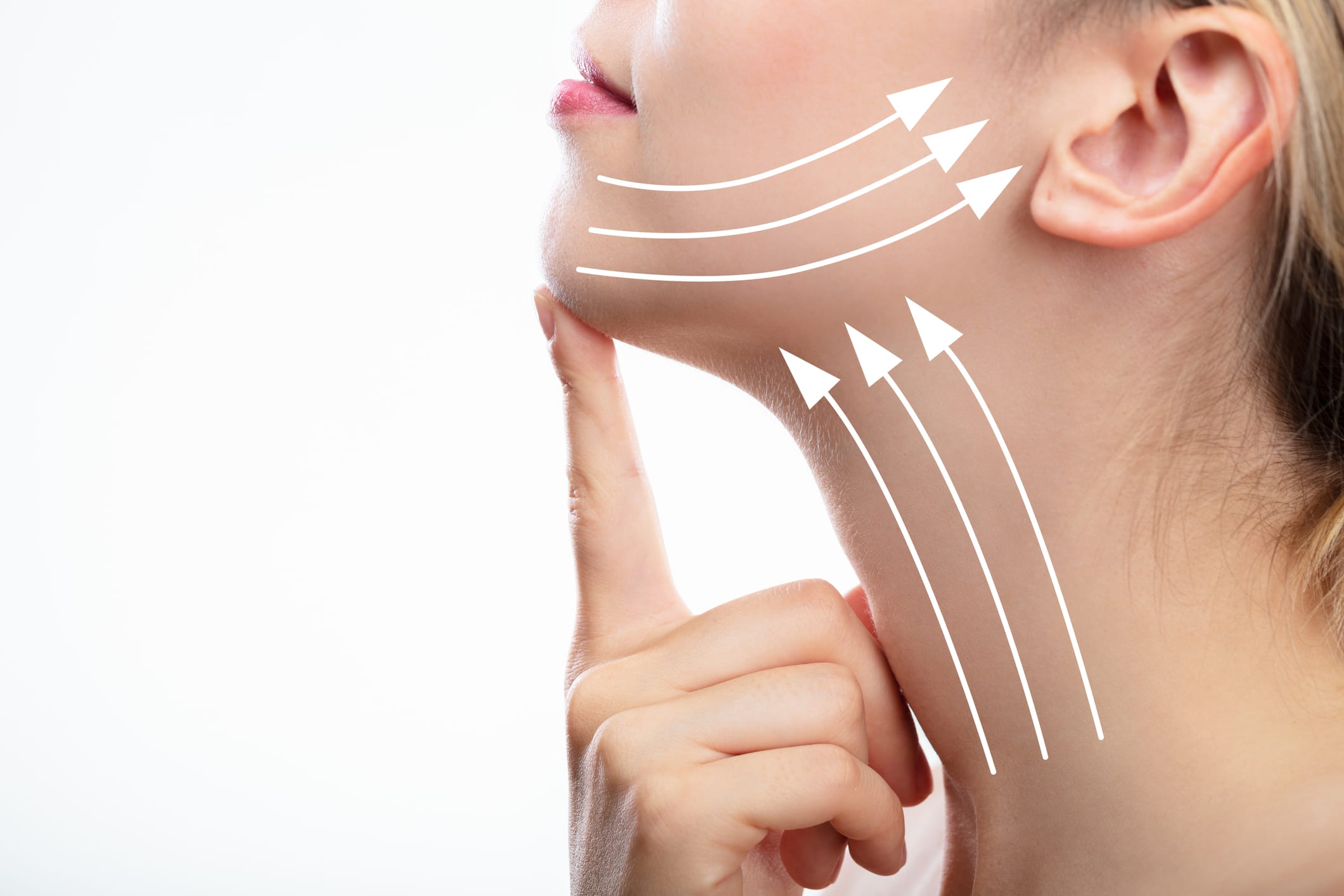 Woman With Arrows On Her Face Over White Background