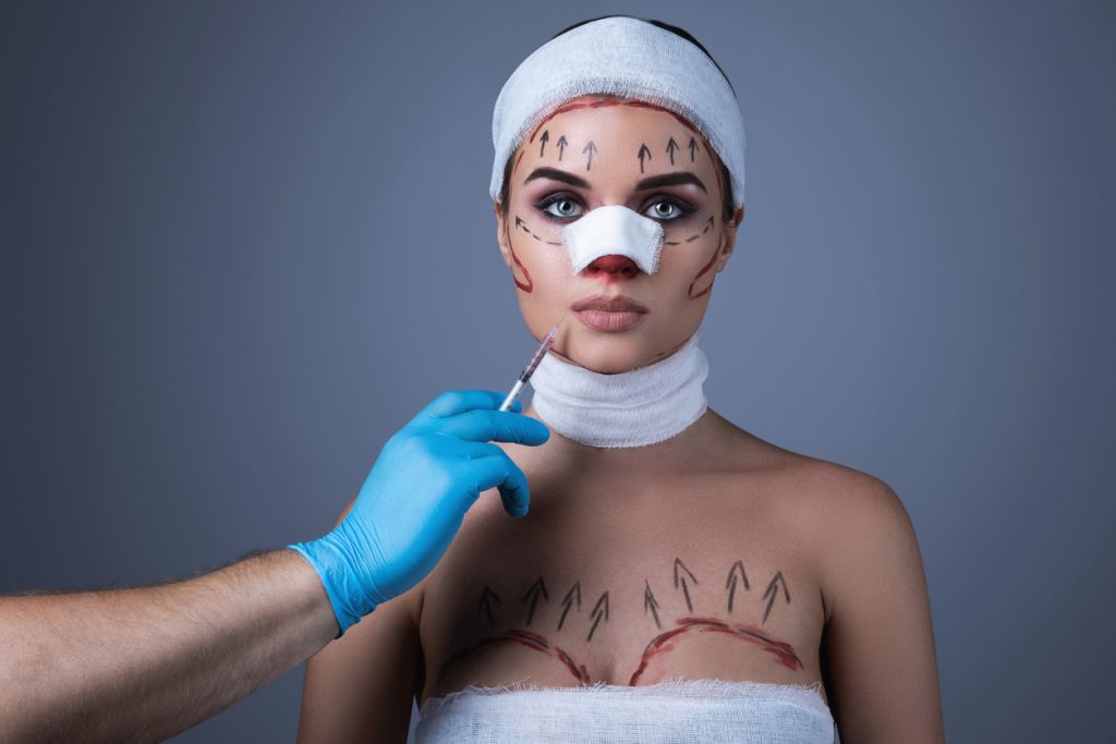 Woman after botched plastic surgery
