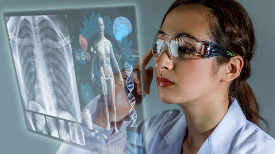 Medical woman using VR goggles